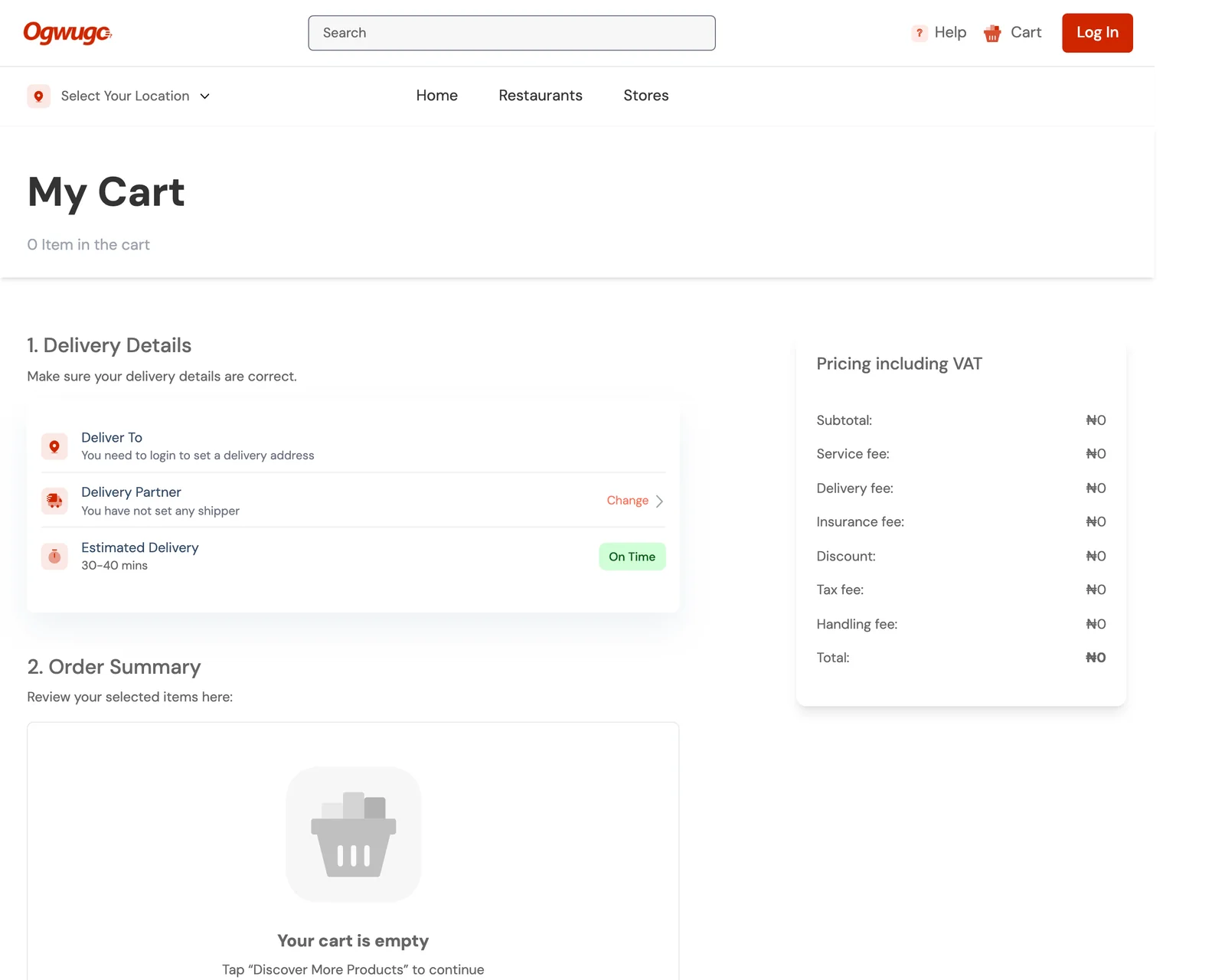Checkout on Ogwugo: delivery details, itemised fees and payment.