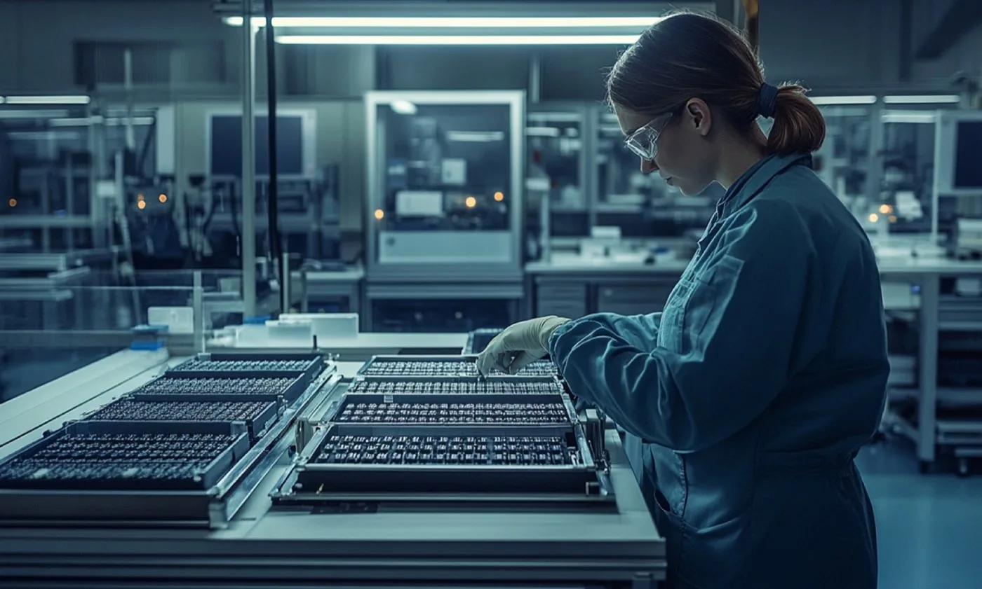 An operator loading PCB panels into a surface-mount line.