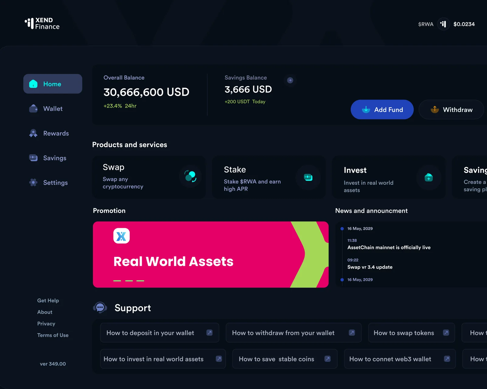 The Xend Finance app: savings balance, swap, stake and saving plans.
